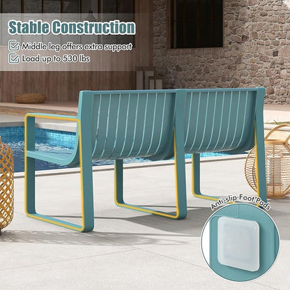 Tangkula Patio Loveseat, Weather-Resistant Plastic 2-Person Bench with Curved Backrest, Outdoor Conversation Furniture with Slatted Design for Patio, Poolside, Backyard, Garden, Deck, Lawn (Blue)