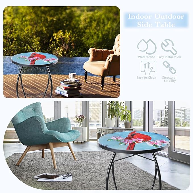 MUMTOP Side Patio Tables-Mosaic Outdoor Side Table - 14’’ Cardinal Glass Accent Round EndTable, Plant Stand Indoor Small CoffeeTable for Garden or Living Room Decor