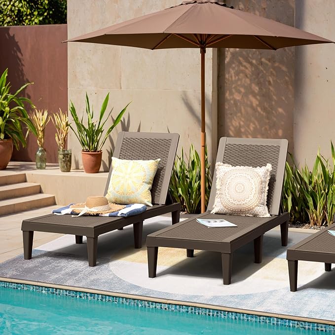 JUMMICO Patio Chaise Lounge Chair Set of 2 Outdoor PE Waterproof Adjustable Easy Assembly Lounge Chairs for Outside Pool Garden Deck Beach (Deep Brown, Set of 2)