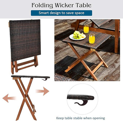 Tangkula 3 Pieces Outdoor Chaise Set, Wicker Rattan Lounge Chair w/Acacia Wood Frame, 4 Adjustable Positions Patio Wicker Lounge Set & Foldable Side Table, Suitable for Lawn, Backyard (Mix Brown)