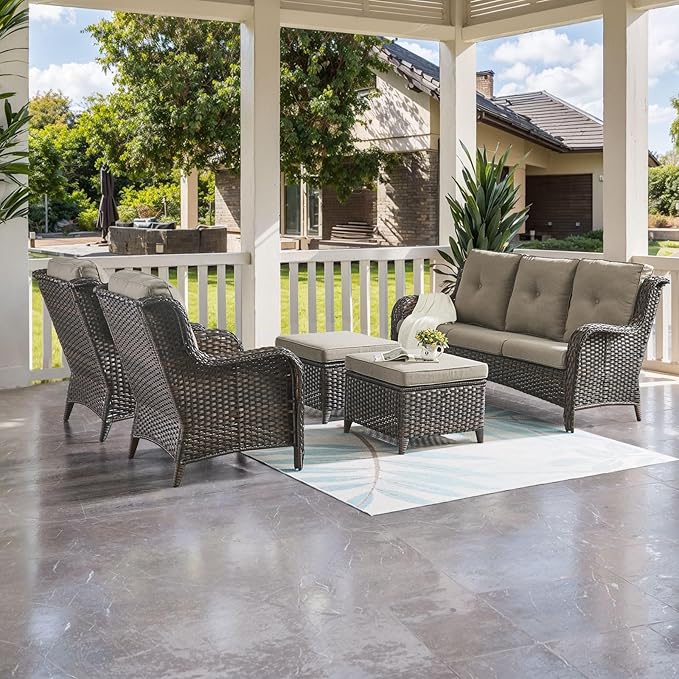 HUMMUH Outdoor Furniture 5 Pieces Patio Furniture Set Wicker Outdoor Sectional Sofa with 2 Patio Chairs,Ottomans