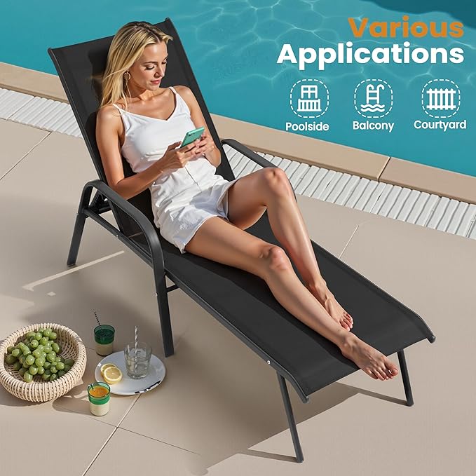 Crestlive Outdoor Chaise Lounge Chair,5-Position Pool Lounge Chairs with Armrests Sunbathing Recliner for Patio,Beach,Deck,Yard (4PC Black)