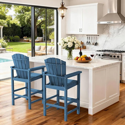 KINGYES Tall Adirondack Chair Set of 2, All-Weather HDPE Outdoor Adirondack Barstools with Double Connecting Trays, Bar High Airondack Chair with Wood Grain, Embossed Balcony Chair for Backyard, Blue