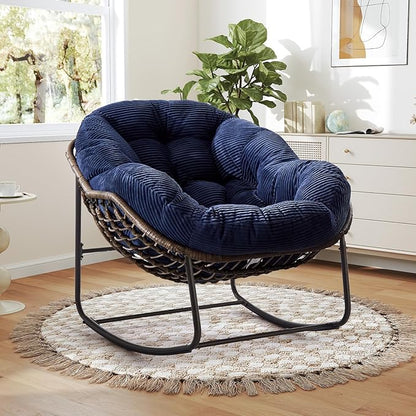 Large Indoor Rocking Chair Set of 2, Oversized Rocking Papasan Chair with Thick Cushion and Frame,Comfy Corduroy Rocker Wicker Egg Chairs Lounge Reading Chair for Living Room, Bedroom, Navy Blue