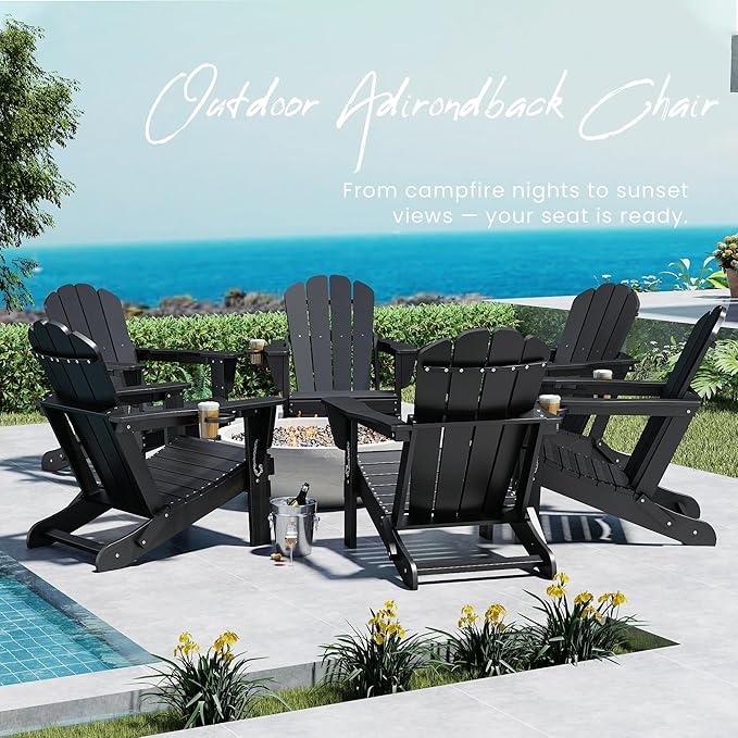 Domi Folding Adirondack Chairs Set of 4, HDPE All-Weather Outdoor Chairs with Cup Holder, Wooden Textured Fire Pit Chairs for Backyard, Patio, Poolside & Deck, Black