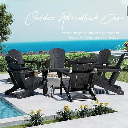 Domi Folding Adirondack Chairs Set of 4, HDPE All-Weather Outdoor Chairs with Cup Holder, Wooden Textured Fire Pit Chairs for Backyard, Patio, Poolside & Deck, Black