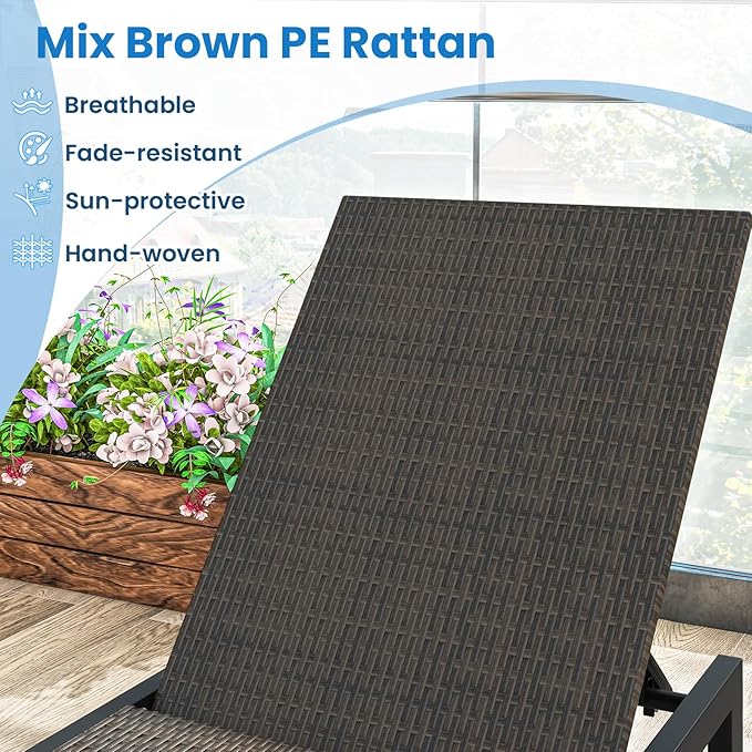 Tangkula PE Wicker Patio Chaise Lounge Chair, Outdoor 4-Position Recliner with Wheels, Outdoor Reclining Chair for Poolside, Backyard and Deck (1, Mix Brown)