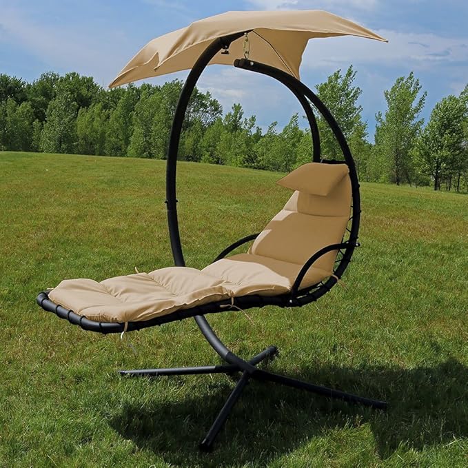 Sunnydaze Floating Chaise Lounger Swing Chair with Umbrella Canopy - Curved Steel Hammock Lounge Chair with Cushion and Pillow - Removable Cushion and Umbrella Shade - 82-Inch Tall - Beige