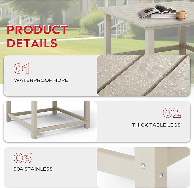 Costaelm Patio Conversation Table, Tatio Accent HDPE Outdoor Weather Resistant, Square Outdoor Porch Balcony Patio Drink Table for Outside, Pool, Backyard, Sand