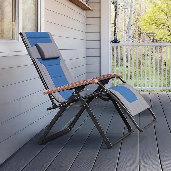 PURPLE LEAF Extra Wide Outdoor Reclining Chair Patio Zero Gravity Chaise Lounge Folding Chair with Quilted Cushion Adjustable Headrest for Lawn Camping Beach Pool Grey and Navy Blue