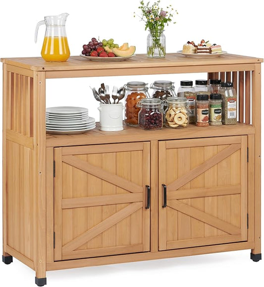 Mederlo Wooden Patio Bar Table Set with Storage, Buffet Cabinet Sideboard for Outdoor and Indoor
