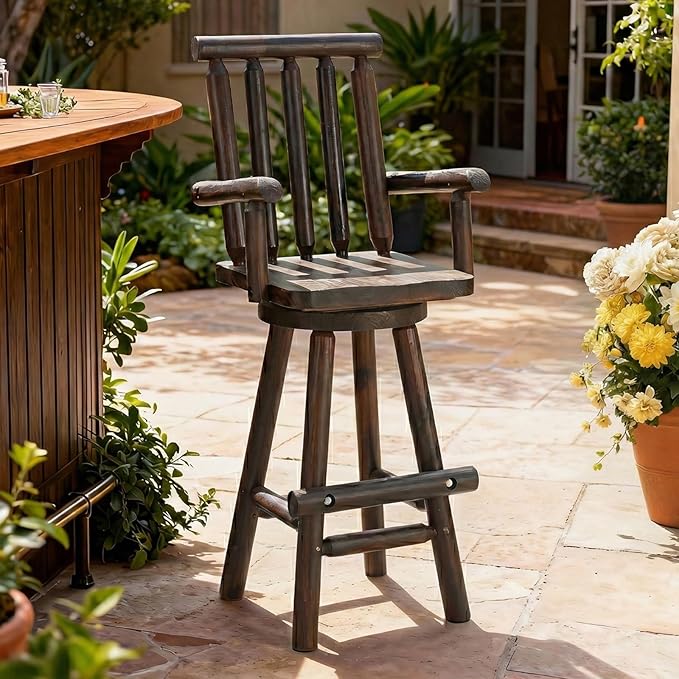 HOMEDIARY Outdoor Solid Wood Swivel Bar Stool, Oversized Patio Log Bar Height Chair with High Back - Photo 1