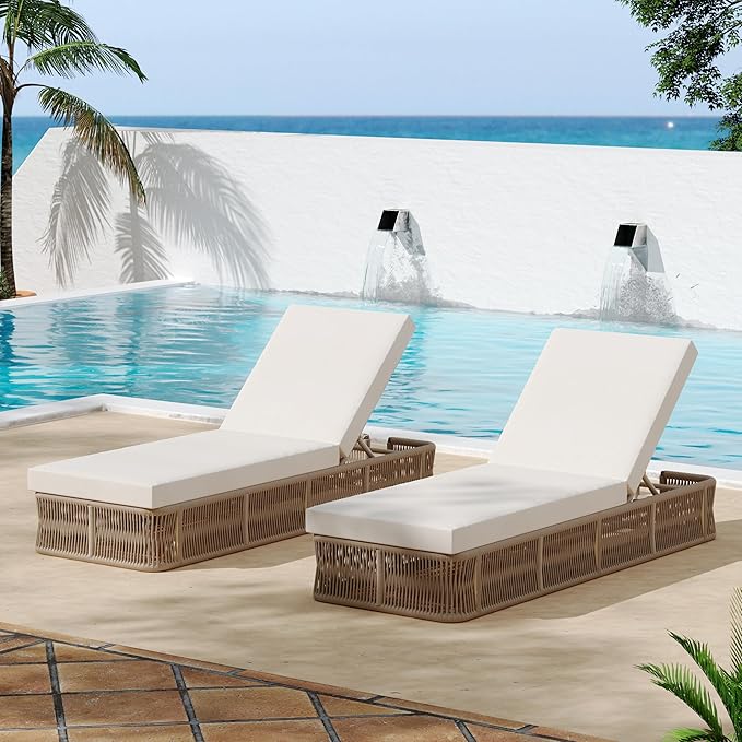 Merax 2-Pieces Outdoor Chaise Lounge Chair Set – Adjustable Woven Rope Sun Lounger with 5-Position Backrest (Frame Only) – Modern Patio Furniture for Pool, Beach & Garden, Beige