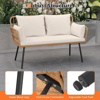 Tangkula Patio Wicker Loveseat, Outdoor Rattan 2-Seat Cushioned Sofa with Heavy Duty Metal Frame, for Backyard,Porch,Poolside (Off White)