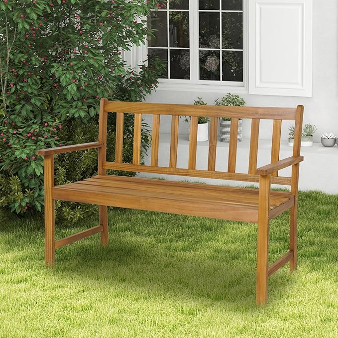 Wooden Garden Bench, Outdoor Bench Acacia Wood with Slatted Seat, Comfy Backrest & Armrest, 2-Person Loveseat Patio Bench for Porch Balcony Backyard Park, 800 LBS Max Load (48” x 22" x 34")