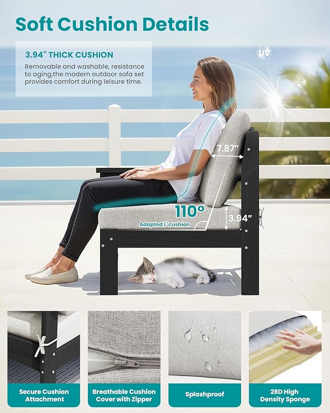 SERWALL 3 Pieces Patio Conversation Set, All-Weather HDPE Outdoor Sofas with Cushions and Coffee Table - Photo 4