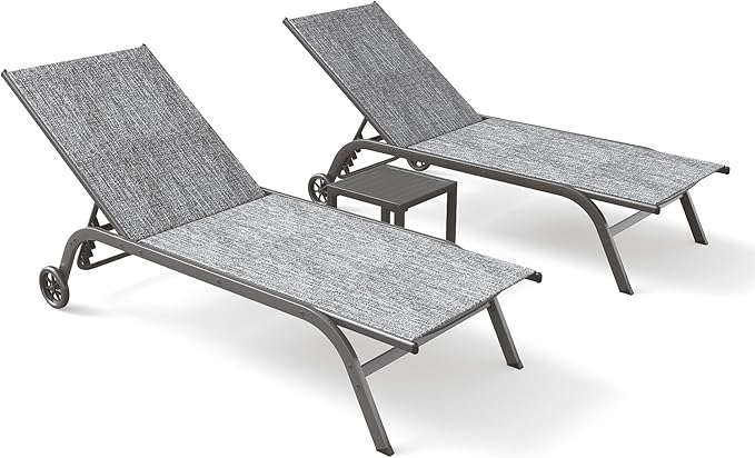 UDPATIO Aluminum Lounge Chair Set of 3 Outdoor Chaise Lounger Poolside Lounge Chairs 5 Adjustable Position Backrest Pool Lounger with Wheels Side Table for Patio Pool Patio (Grey)