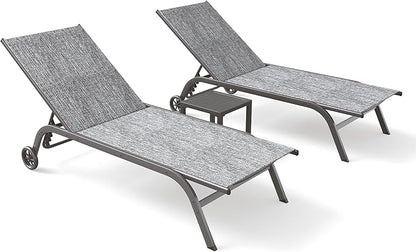 UDPATIO Aluminum Lounge Chair Set of 3 Outdoor Chaise Lounger Poolside Lounge Chairs 5 Adjustable Position Backrest Pool Lounger with Wheels Side Table for Patio Pool Patio (Grey)