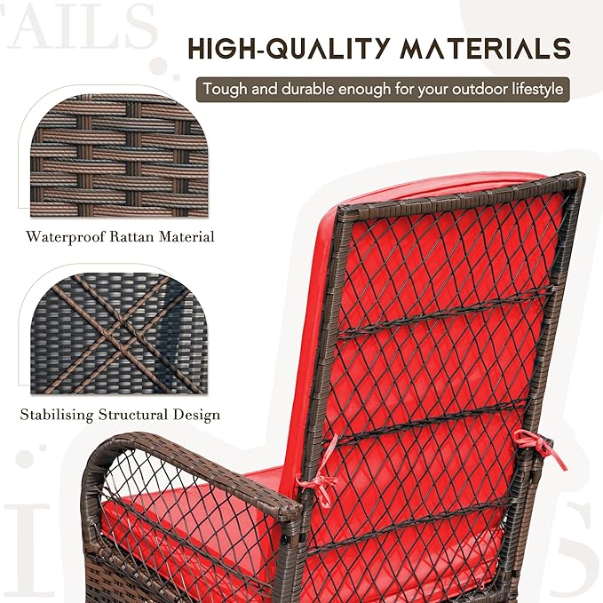 Devoko Outdoor Rocking Chairs 3 Piece Patio Furniture Set with Side Table & Cushions, Wicker Porch Rocker Bistro Set High Back for Balcony, Backyard, Garden (Red)