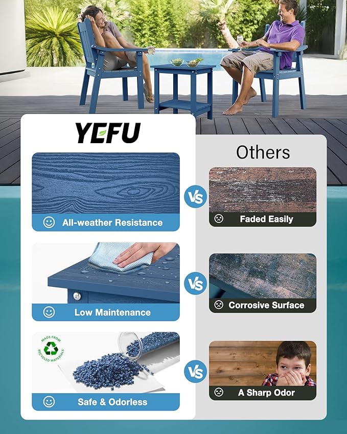 YEFU Outdoor Side Table for Patio: 16x16 in HIPS Square Outdoor End Table - 2-Tier Adirondack Tables for Patio Porch Poolside Living Room Beach Bedroom, Navy