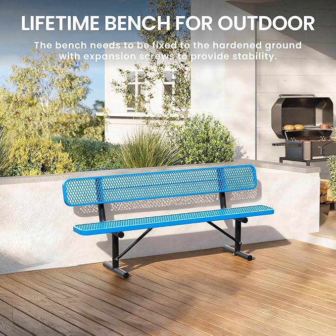 8 FT Steel Park Bench for Outside, Outdoor Bench with Backrest & Portable Frame, Thermoplastic Coating, Commercial Benches for Shopping Mall, Store, Park, Patio, Deck, Blue