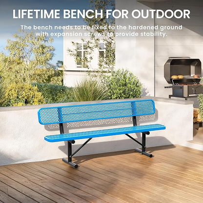 8 FT Steel Park Bench for Outside, Outdoor Bench with Backrest & Portable Frame, Thermoplastic Coating, Commercial Benches for Shopping Mall, Store, Park, Patio, Deck, Blue