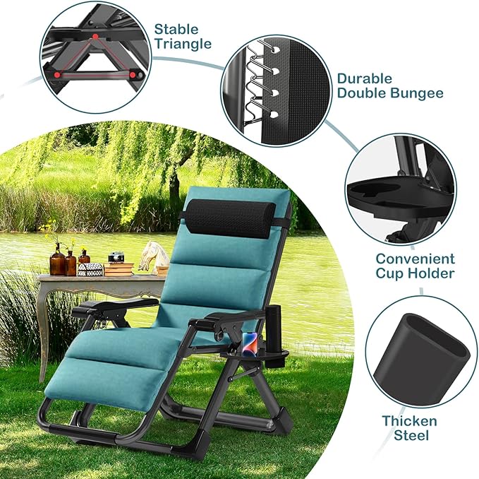 NAIZEA Padded Zero Gravity Chair, Folding Outdoor Lounge Chairs, Adjustable Reclining Camping Chairs with Cup Holder - Photo 6