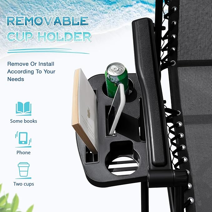 Greesum Zero Gravity Chairs Set of 2 Adjustable Steel Mesh Recliners Beach Deck Lawn Camping Patio Foldable Lounge Chair with Cup Holder Trays and Pillows,Dark Black