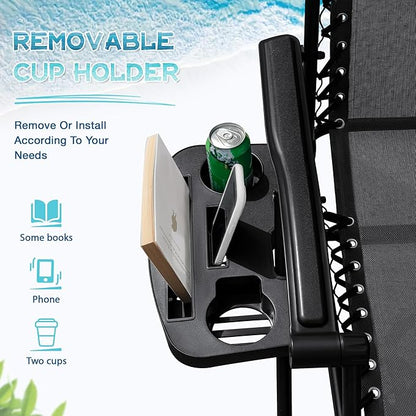 Greesum Zero Gravity Chairs Set of 2 Adjustable Steel Mesh Recliners Beach Deck Lawn Camping Patio Foldable Lounge Chair with Cup Holder Trays and Pillows,Dark Black