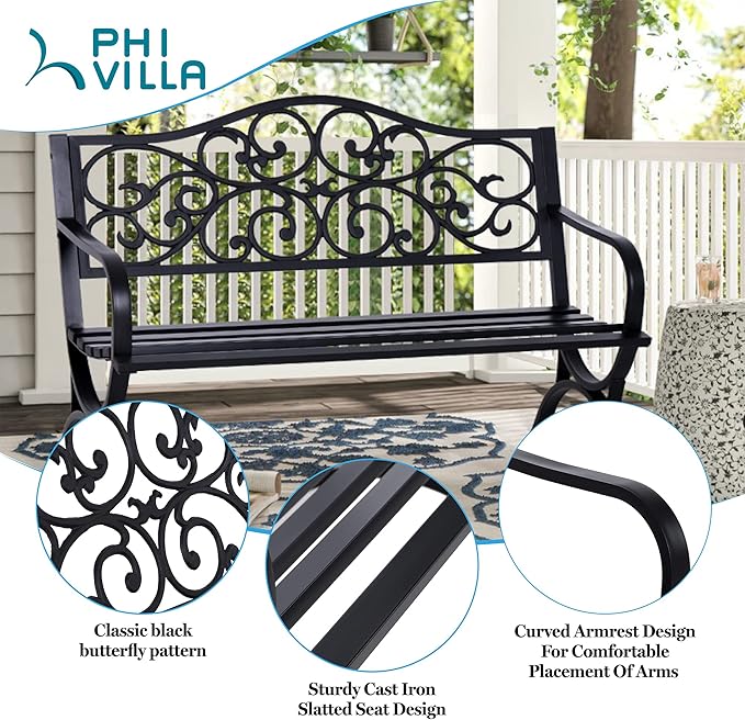 PHI VILLA 50" Patio Park Garden Outdoor Metal Black Bench for Yard Porch