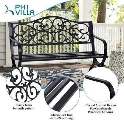 PHI VILLA 50" Patio Park Garden Outdoor Metal Black Bench for Yard Porch