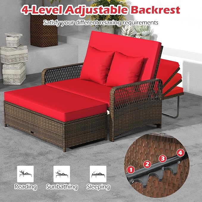 Tangkula Patio Adjustable Wicker Daybed, Rattan Loveseat & Storage Ottoman w/ 4-Level Backrest & Soft Cushions - Photo 6