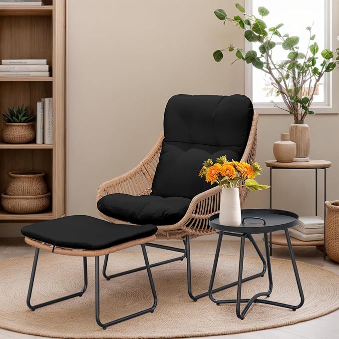 PROHIKER Outdoor Chaise Lounge Chair Set, Indoor Wicker Papasan Egg Chair with Thick Cushion, Ottoman and Table, Oversized Rattan Reading Lounge Recliner for Living Room Patio Yard, Black