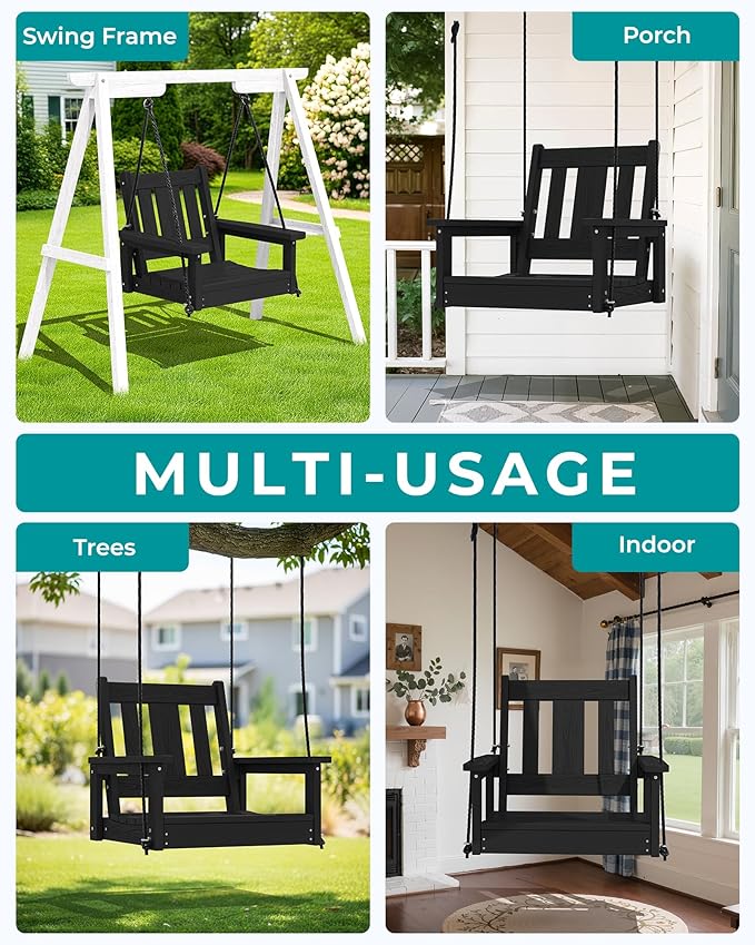 SERWALL HDPE Single Porch Swing, Heavy Duty Single Person Swing Chair with 2 Polypropylene Hanging Ropes - Photo 3