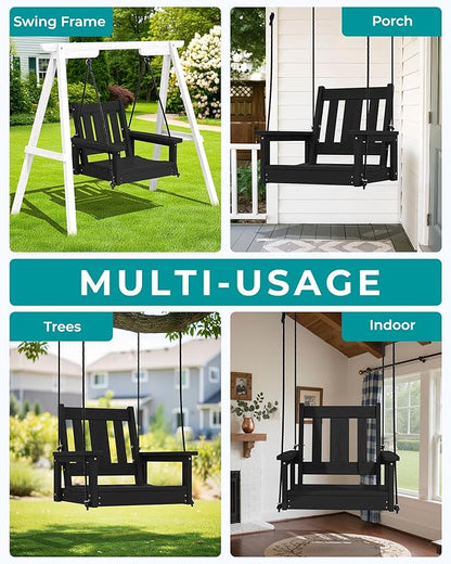 SERWALL HDPE Single Porch Swing, Heavy Duty Single Person Swing Chair with 2 Polypropylene Hanging Ropes, Adirondack Hanging Chair for Outdoor Front Porch Patio Garden Yard, Black