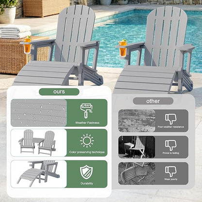 JY QAQA Outdoor Adirondack Chair Set of 2 with Detachable Table & Ottoman, All-Weather HDPE Patio Furniture with Wood Texture & Cup Holder for Patio, Poolside, Garden, Light Grey