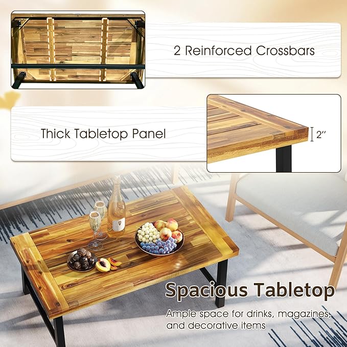 Tangkula Outdoor Acacia Wood Coffee Table, Rectangle Rustic Accent Table with Thickened Top & Heavy-Duty Metal Legs - Photo 6