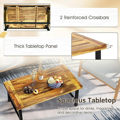 Tangkula Outdoor Acacia Wood Coffee Table, Rectangle Rustic Accent Table with Thickened Top & Heavy-Duty Metal Legs, for Patio, Deck, Garden, Natural