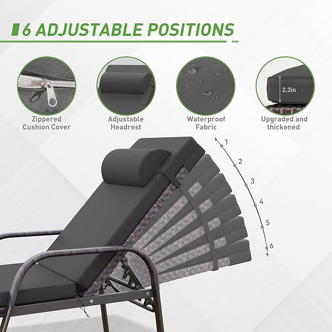 Kurapika Patio Chaise Lounge Set 3 Pieces Outdoor Lounge Chair, Rattan Reclining Chair Adjustable Backrest, Pool Sunbathing Recliners with Folding Table for Poolside Beach, Black