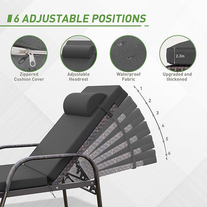 Kurapika Patio Chaise Lounge Set 3 Pieces Outdoor Lounge Chair, Rattan Reclining Chair Adjustable Backrest, Pool Sunbathing Recliners with Folding Table for Poolside Beach, Black