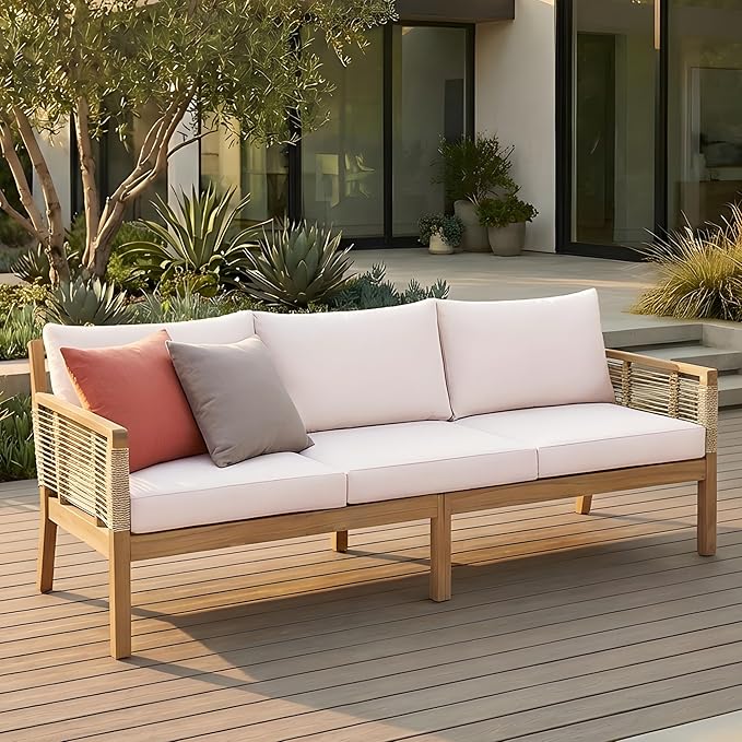 Merax Hommie 3-Seater Patio Sofa, 75in Outdoor Handwoven Rope Acacia Wood Couch with Beige Cushions for Garden, Backyard, Poolside, Teak
