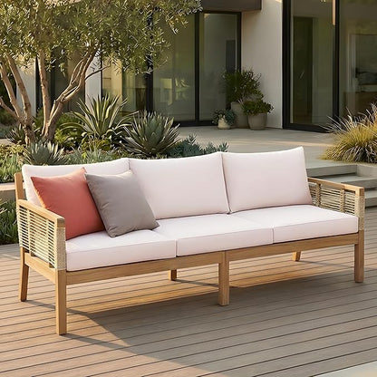 Merax Hommie 3-Seater Patio Sofa, 75in Outdoor Handwoven Rope Acacia Wood Couch with Beige Cushions for Garden, Backyard, Poolside, Teak