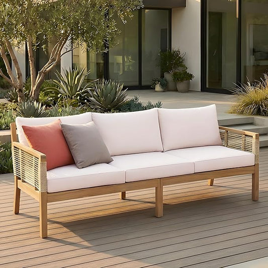 Merax Hommie 3-Seater Patio Sofa, 75in Outdoor Handwoven Rope Acacia Wood Couch with Beige Cushions for Garden, Backyard, Poolside, Teak