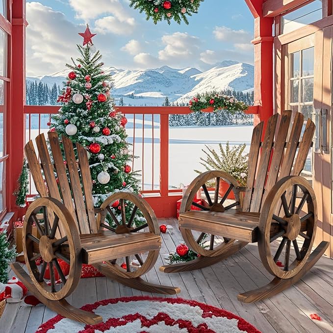 Outdoor Wood Rocking Chair Set of 2 - Patio Wagon Wheel Rocking Chair 2 PCS, Rustic Rocker Single Chairs for Country, Yard, Porch