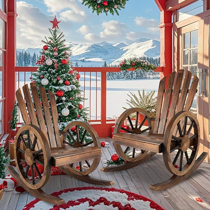 Outdoor Wood Rocking Chair Set of 2 - Patio Wagon Wheel Rocking Chair 2 PCS, Rustic Rocker Single Chairs for Country, Yard, Porch