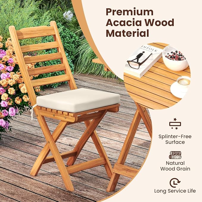 HAPPYGRILL Folding Patio Chairs Set Acacia Wood Outdoor Dining Chairs with Slatted Backrests and Soft Seat Cushions for Porch, Backyard and Garden, 400 LBS Weight Capacity (2,Back Style A)