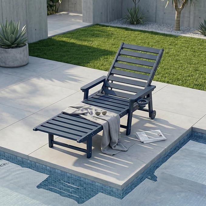 5-Position Adjustable Lounge Chair Outdoor, HDPE Outdoor Chaise Lounge with Cup Holder & Wheels, Pool Lounge Chairs for Poolside, Beach, Deck, Navy Blue