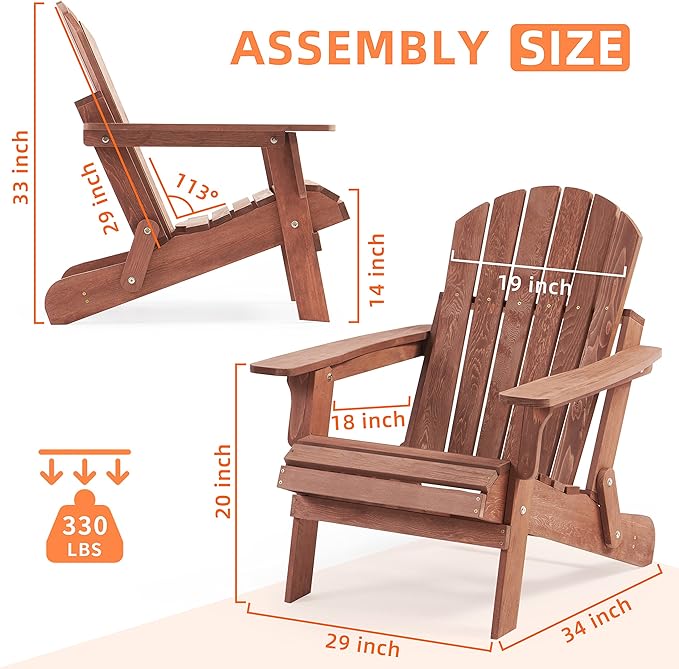 SoliWood Oversize Wooden Outdoor Folding Adirondack Chair Set of 2 with Pre-Assembled BackRest & SeatBoard, Wood Patio Chair for Garden Backyard Porch Pool Deck Firepit