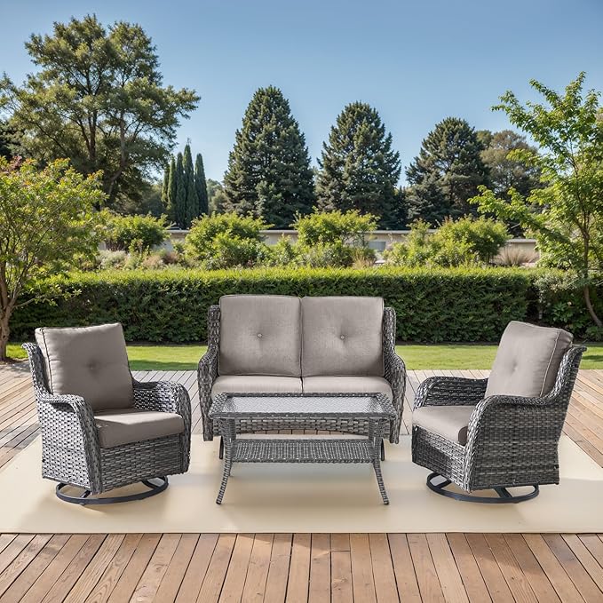 Patio Loveseat Glider Set, Resin Wicker Loveseat Glider with 2 Swivel Patio Chiars and Coffee Table, 4 Piece Patio - Photo 1