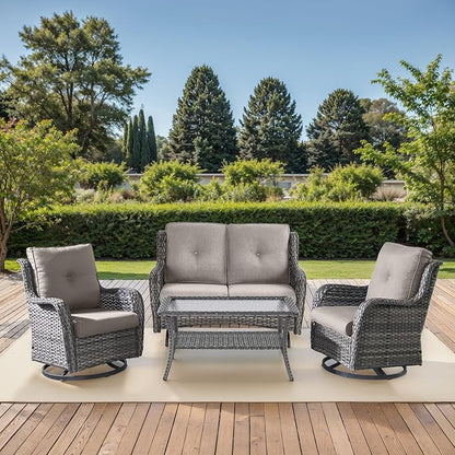 Patio Loveseat Glider Set, Resin Wicker Loveseat Glider with 2 Swivel Patio Chiars and Coffee Table, 4 Piece Patio Bistro Set Furniture Set Loveseat Set, Grey Wicker | Grey Cushions
